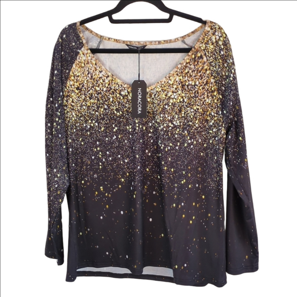 Noracora Long Sleeve V Neck Ombre Patterned Black Shirt